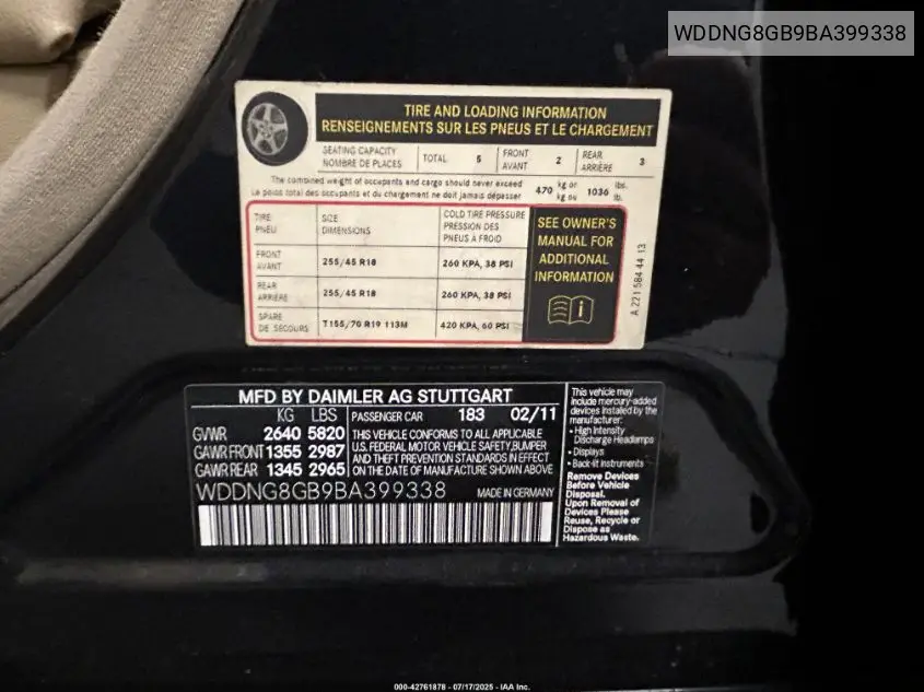 2011 Mercedes-Benz S 550 4Matic VIN: WDDNG8GB9BA399338 Lot: 42761878