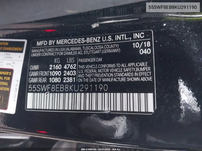 2019 Mercedes-Benz C 300 4Matic VIN: 55SWF8EB8KU291190 Lot: 41900184