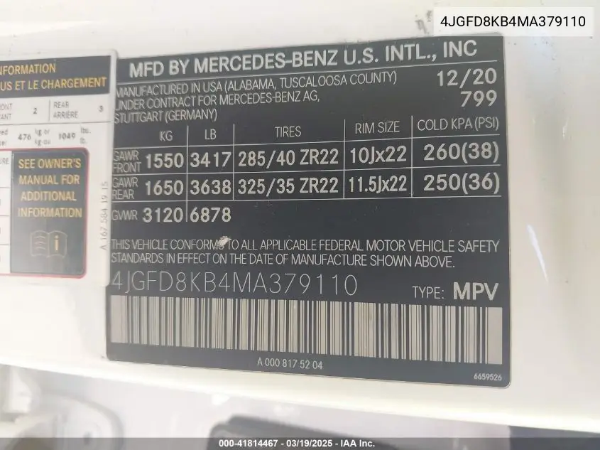 2021 Mercedes-Benz Amg Gle 63 Coupe S 4Matic VIN: 4JGFD8KB4MA379110 Lot: 41814467
