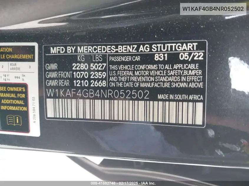 2022 Mercedes-Benz C 300 Sedan VIN: W1KAF4GB4NR052502 Lot: 41592748