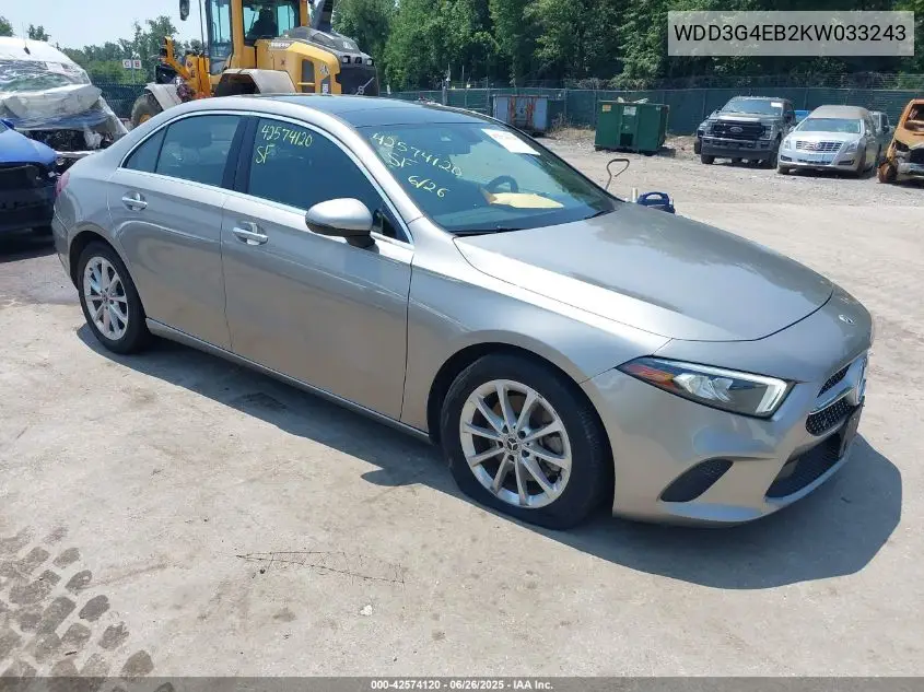 2019 Mercedes-Benz A 220 VIN: WDD3G4EB2KW033243 Lot: 42574120