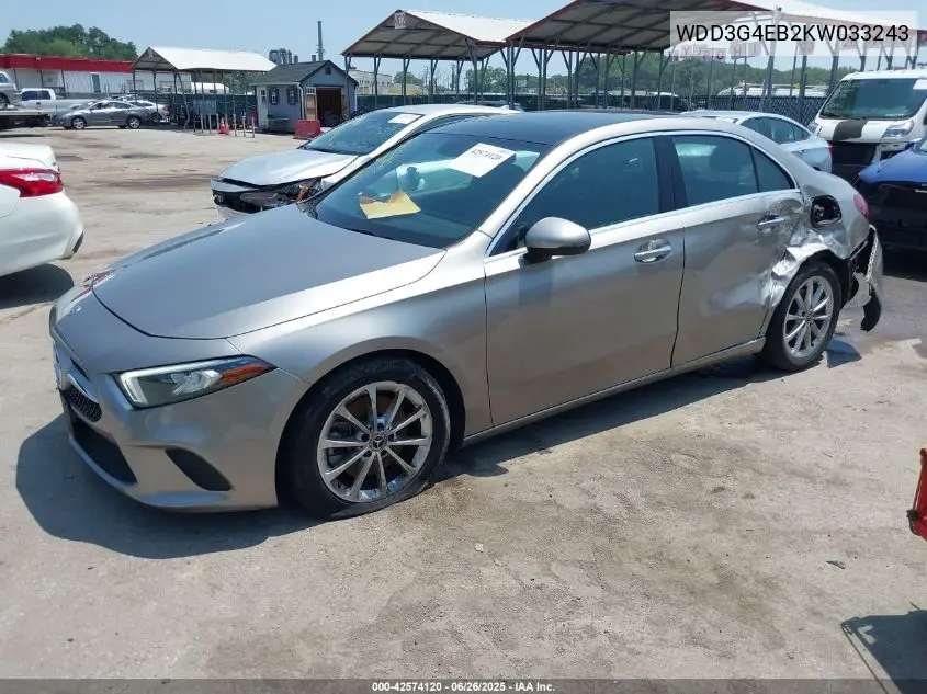 2019 Mercedes-Benz A 220 VIN: WDD3G4EB2KW033243 Lot: 42574120