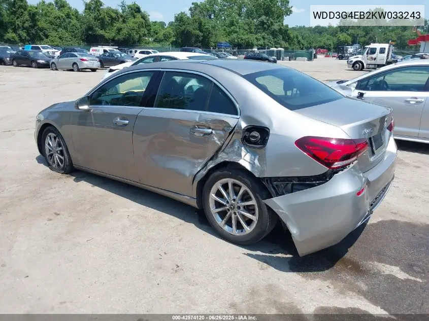 2019 Mercedes-Benz A 220 VIN: WDD3G4EB2KW033243 Lot: 42574120