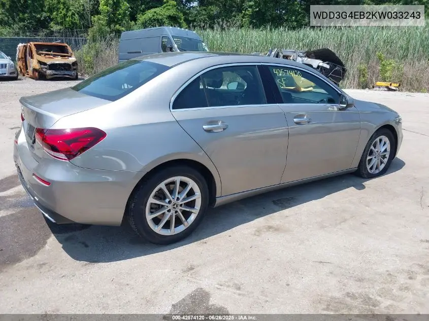 2019 Mercedes-Benz A 220 VIN: WDD3G4EB2KW033243 Lot: 42574120