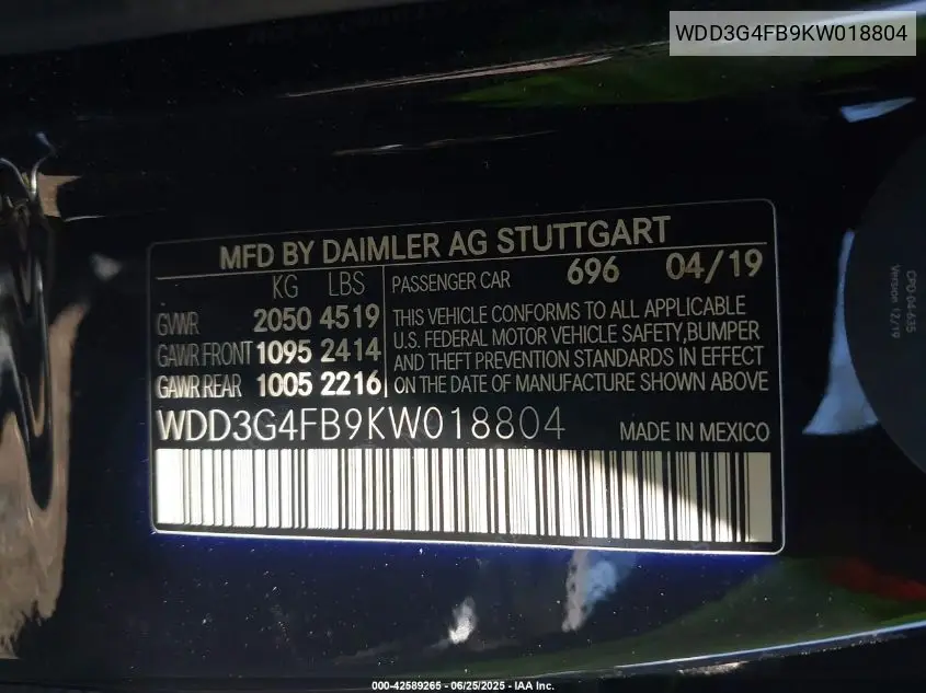 2019 Mercedes-Benz A 220 4Matic VIN: WDD3G4FB9KW018804 Lot: 42589265