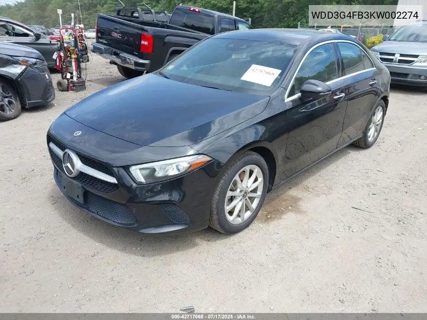 2019 Mercedes-Benz A 220 4Matic VIN: WDD3G4FB3KW002274 Lot: 42717068