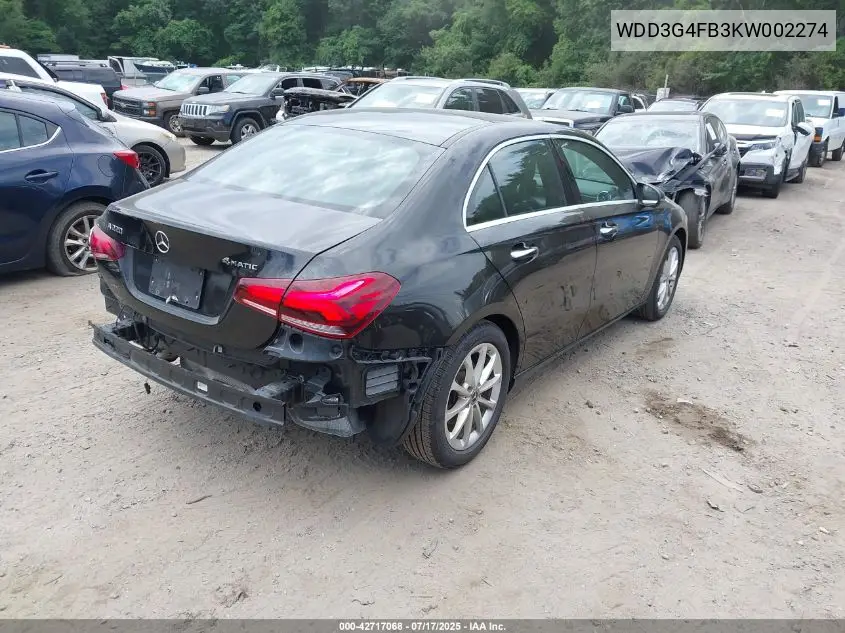 2019 Mercedes-Benz A 220 4Matic VIN: WDD3G4FB3KW002274 Lot: 42717068