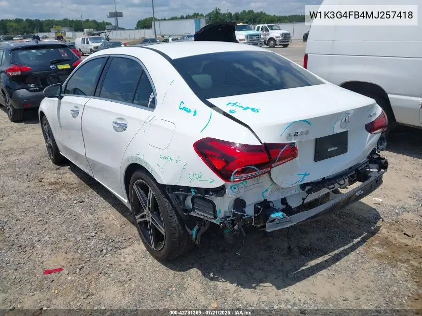 2021 Mercedes-Benz A 220 4Matic VIN: W1K3G4FB4MJ257418 Lot: 42781369