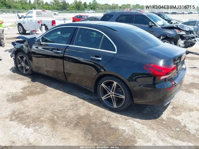 2021 Mercedes-Benz A 220 VIN: W1K3G4EB8MJ316715 Lot: 42782725