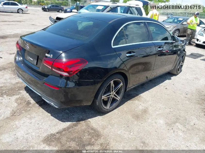 2021 Mercedes-Benz A 220 VIN: W1K3G4EB8MJ316715 Lot: 42782725