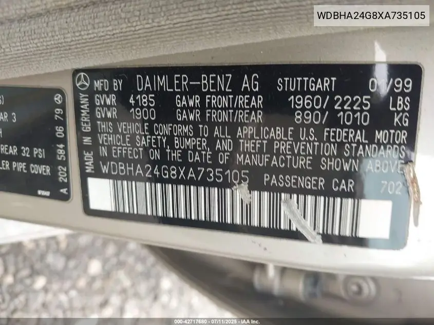 1999 Mercedes-Benz C 230 Kompressor VIN: WDBHA24G8XA735105 Lot: 42717680