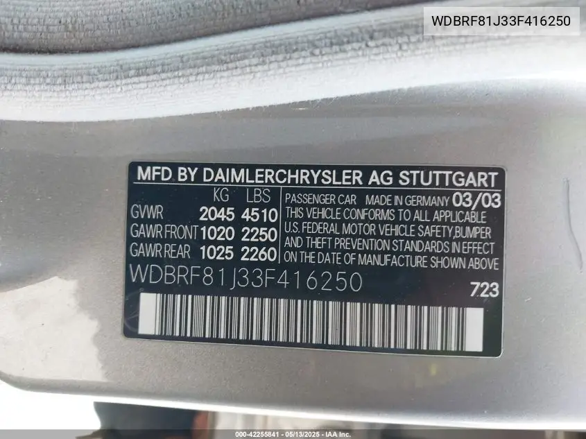 2003 Mercedes-Benz C 240 VIN: WDBRF81J33F416250 Lot: 42255841