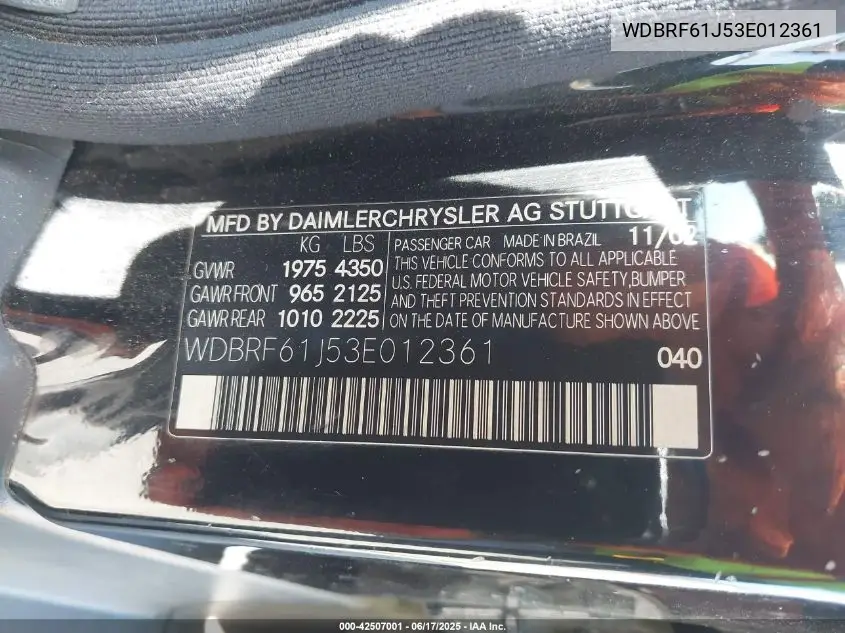 2003 Mercedes-Benz C 240 VIN: WDBRF61J53E012361 Lot: 42507001