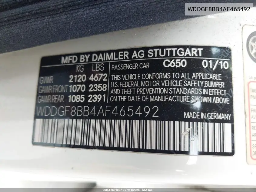 2010 Mercedes-Benz C 300 Luxury 4Matic/Sport 4Matic VIN: WDDGF8BB4AF465492 Lot: 42691007