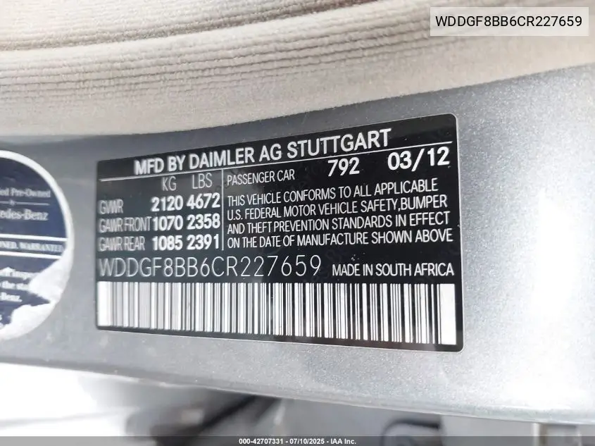 2012 Mercedes-Benz C 300 Luxury 4Matic/Sport 4Matic VIN: WDDGF8BB6CR227659 Lot: 42707331