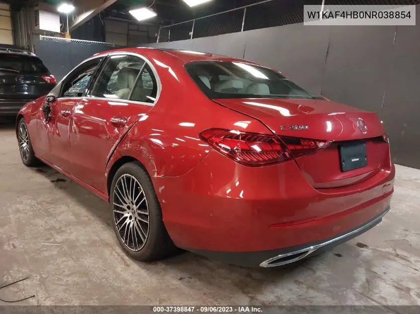 2022 Mercedes-Benz C 300 VIN: W1KAF4HB0NR038854 Lot: 37398847