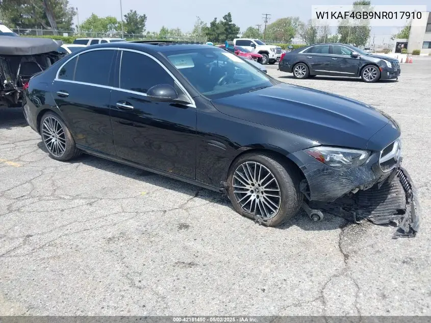 2022 Mercedes-Benz C 300 Sedan VIN: W1KAF4GB9NR017910 Lot: 42181450