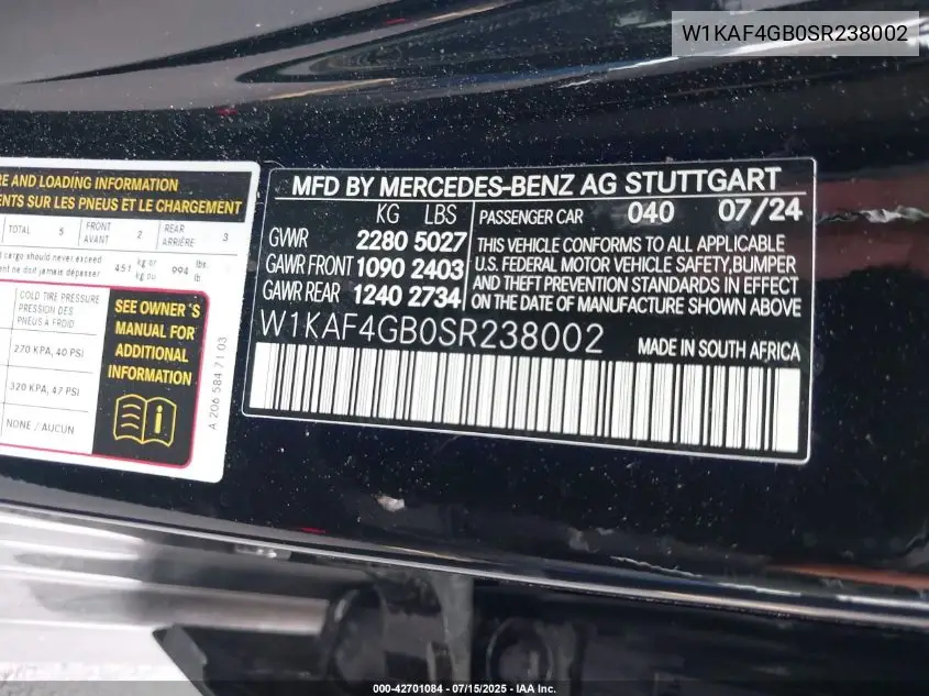 2025 Mercedes-Benz C 300 VIN: W1KAF4GB0SR238002 Lot: 42701084