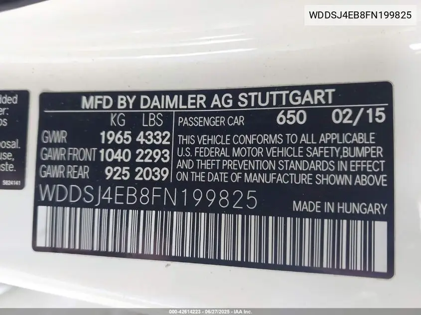2015 Mercedes-Benz Cla VIN: WDDSJ4EB8FN199825 Lot: 42614223