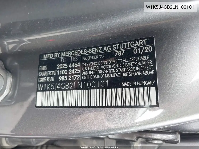 2020 Mercedes-Benz Cla 250 VIN: W1K5J4GB2LN100101 Lot: 42573457