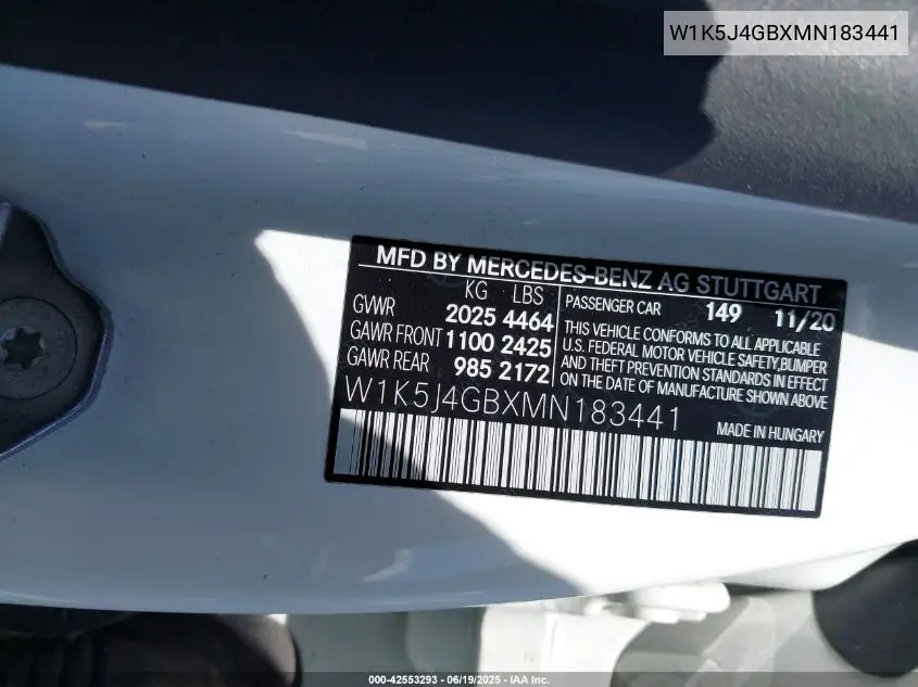2021 Mercedes-Benz Cla 250 VIN: W1K5J4GBXMN183441 Lot: 42553293