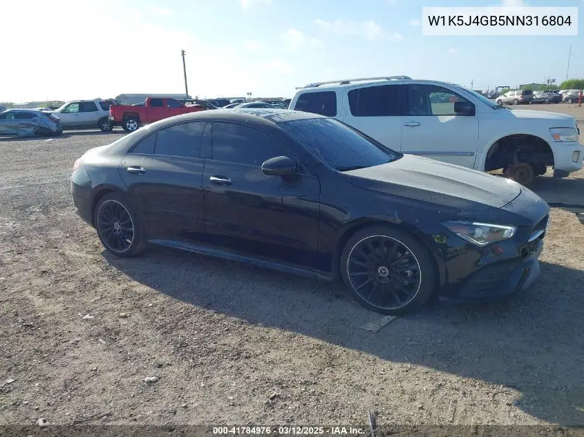 2022 Mercedes-Benz Cla 250 Coupe VIN: W1K5J4GB5NN316804 Lot: 41784976