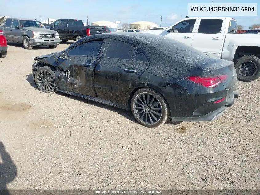 2022 Mercedes-Benz Cla 250 Coupe VIN: W1K5J4GB5NN316804 Lot: 41784976
