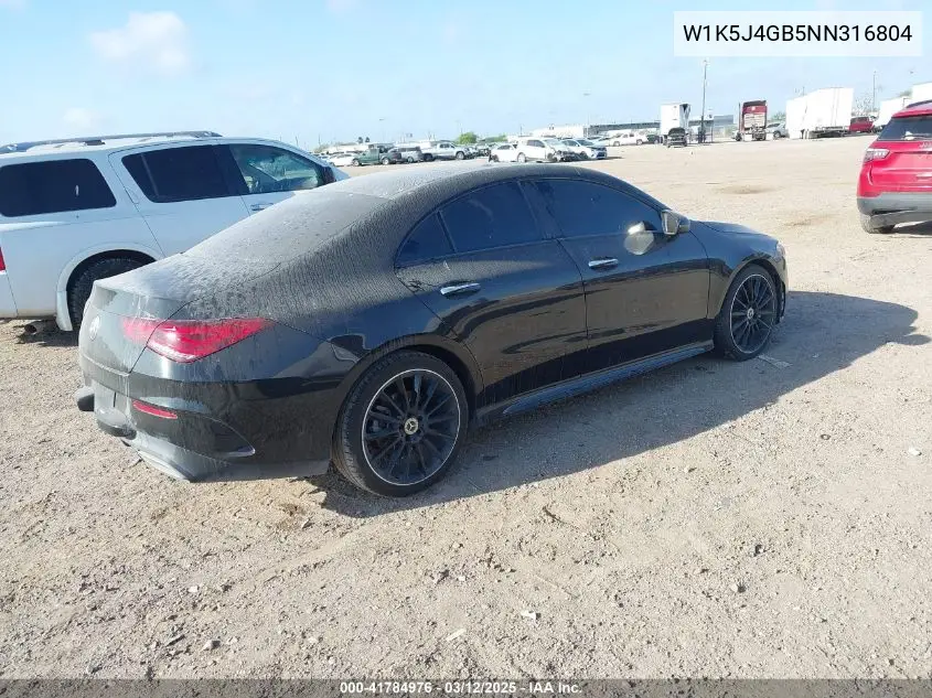 2022 Mercedes-Benz Cla 250 Coupe VIN: W1K5J4GB5NN316804 Lot: 41784976