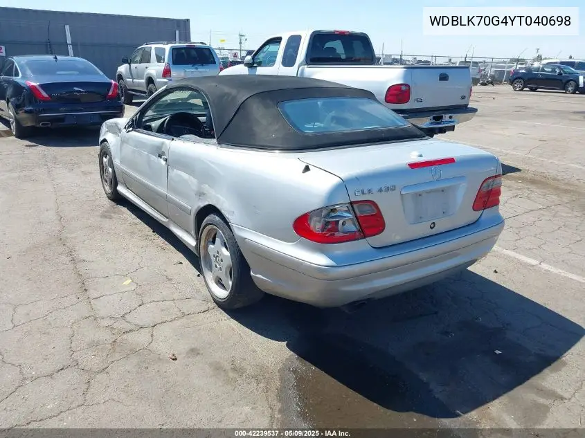 2000 Mercedes-Benz Clk 430 VIN: WDBLK70G4YT040698 Lot: 42239537