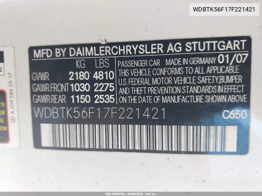 2007 Mercedes-Benz Clk 350 VIN: WDBTK56F17F221421 Lot: 42605744