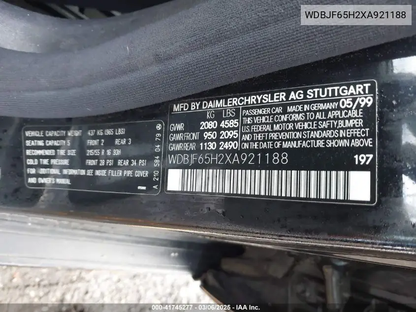 1999 Mercedes-Benz E 320 VIN: WDBJF65H2XA921188 Lot: 41745277