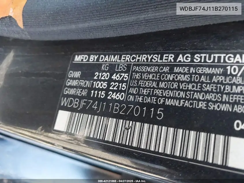 2001 Mercedes-Benz E 55 Amg VIN: WDBJF74J11B270115 Lot: 42121868