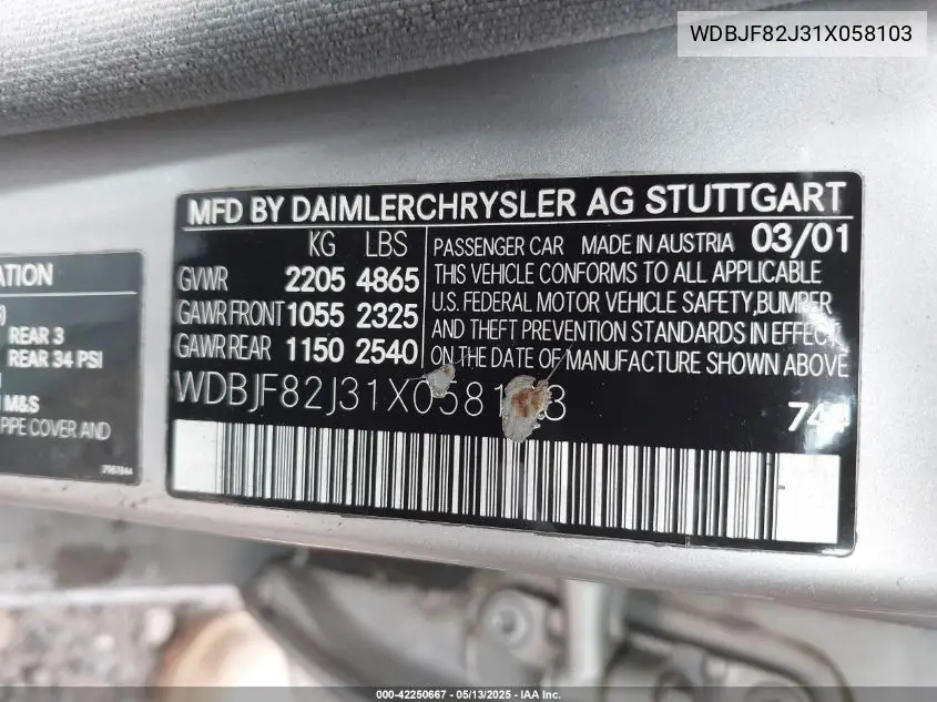 2001 Mercedes-Benz E 320 4M VIN: WDBJF82J31X058103 Lot: 42250667