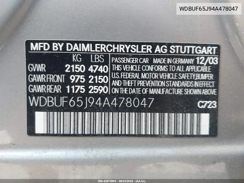 2004 Mercedes-Benz E 320 VIN: WDBUF65J94A478047 Lot: 42575993