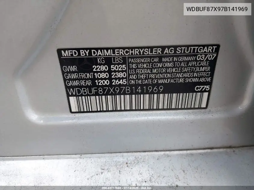 2007 Mercedes-Benz E 350 4Matic VIN: WDBUF87X97B141969 Lot: 42717688