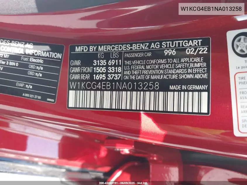 2022 Mercedes-Benz Eqs 580 4Matic VIN: W1KCG4EB1NA013258 Lot: 42449191