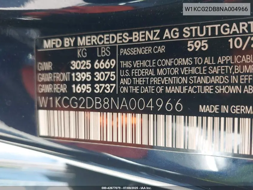 2022 Mercedes-Benz Eqs 450+ VIN: W1KCG2DB8NA004966 Lot: 42677079