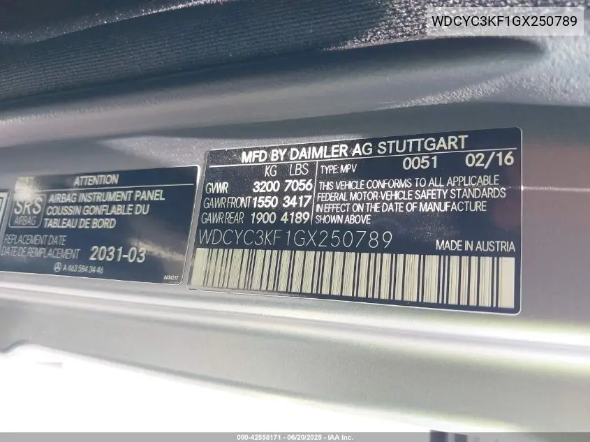2016 Mercedes-Benz G 550 4Matic VIN: WDCYC3KF1GX250789 Lot: 42558171