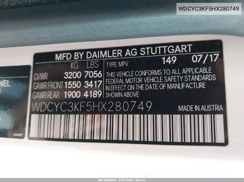 2017 Mercedes-Benz G 550 4Matic VIN: WDCYC3KF5HX280749 Lot: 42648445