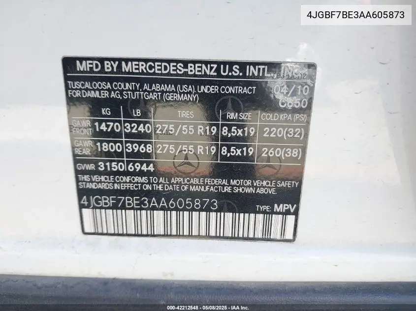2010 Mercedes-Benz Gl 450 4Matic VIN: 4JGBF7BE3AA605873 Lot: 42212548
