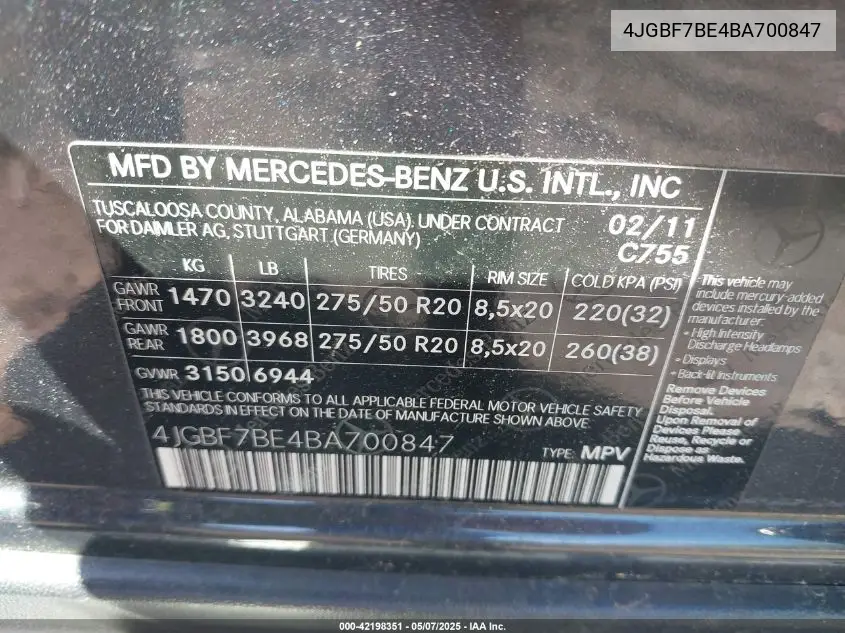 2011 Mercedes-Benz Gl 450 4Matic VIN: 4JGBF7BE4BA700847 Lot: 42198351