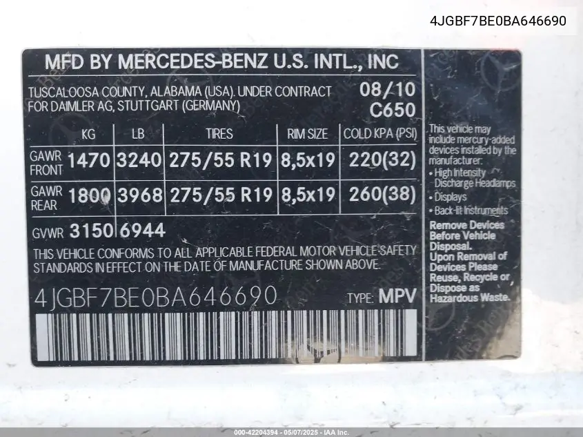 2011 Mercedes-Benz Gl 450 4Matic VIN: 4JGBF7BE0BA646690 Lot: 42204394