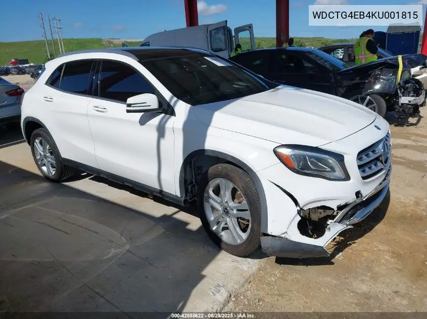 2019 Mercedes-Benz Gla 250 VIN: WDCTG4EB4KU001815 Lot: 42585622