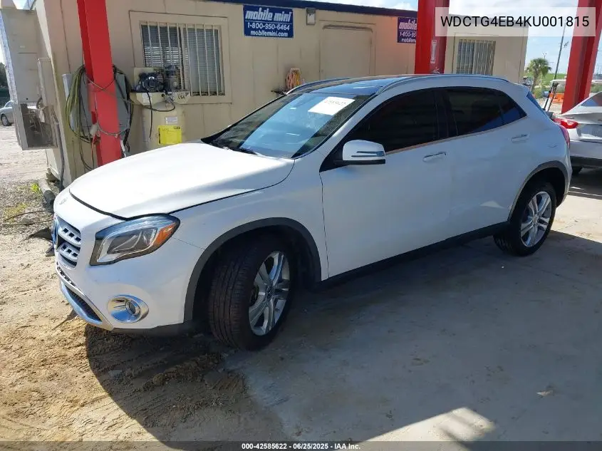 2019 Mercedes-Benz Gla 250 VIN: WDCTG4EB4KU001815 Lot: 42585622