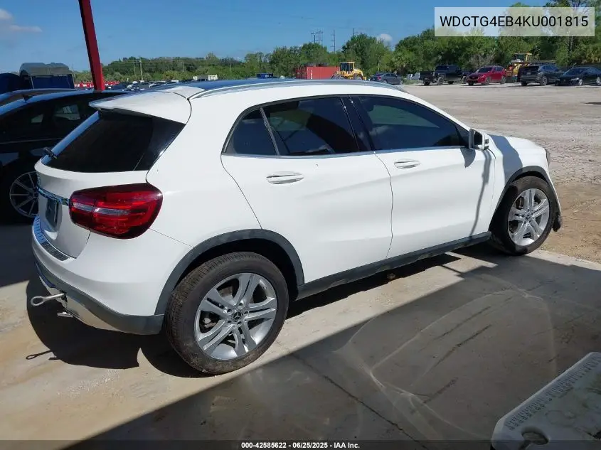 2019 Mercedes-Benz Gla 250 VIN: WDCTG4EB4KU001815 Lot: 42585622