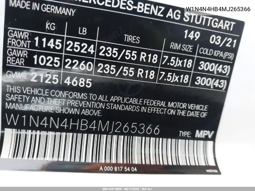 2021 Mercedes-Benz Gla 250 4Matic VIN: W1N4N4HB4MJ265366 Lot: 42513608