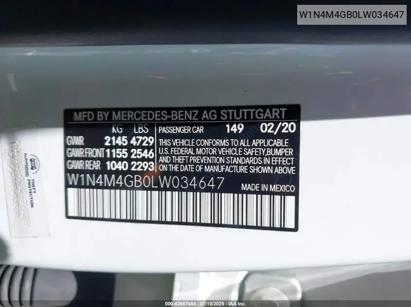 2020 Mercedes-Benz Glb 250 VIN: W1N4M4GB0LW034647 Lot: 42687484