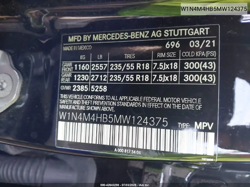 2021 Mercedes-Benz Glb 250 4Matic VIN: W1N4M4HB5MW124375 Lot: 42643298