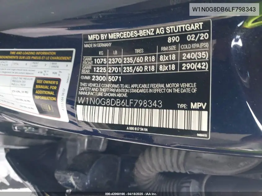 2020 Mercedes-Benz Glc 300 VIN: W1N0G8DB6LF798343 Lot: 42068166