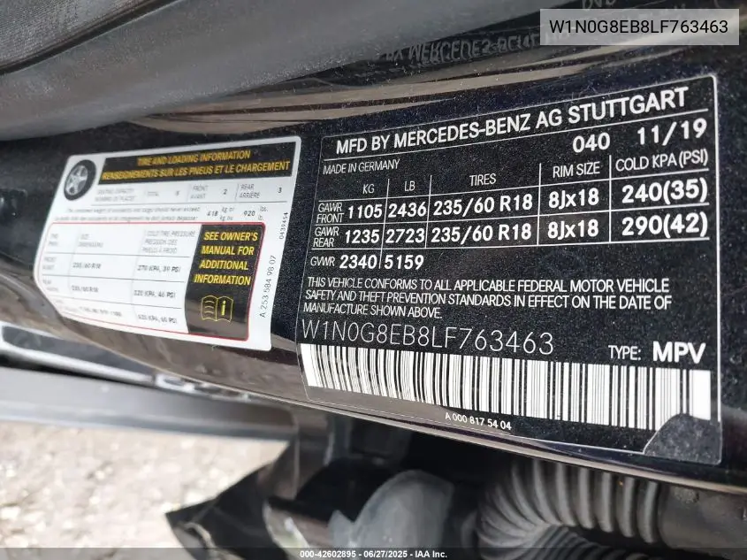 2020 Mercedes-Benz Glc 300 4Matic VIN: W1N0G8EB8LF763463 Lot: 42602895